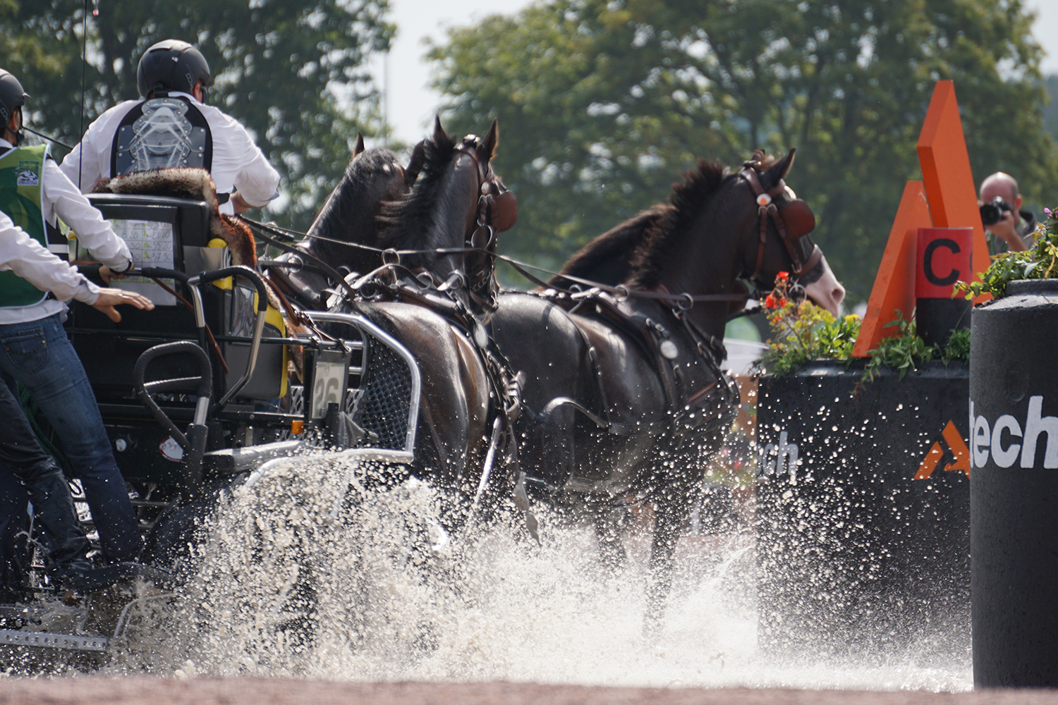 Photographie prise par Horse Development lors d'une compétition d'attelage internationale, meneur et son attelage à quatre chevaux franchissant un obstacle type gué